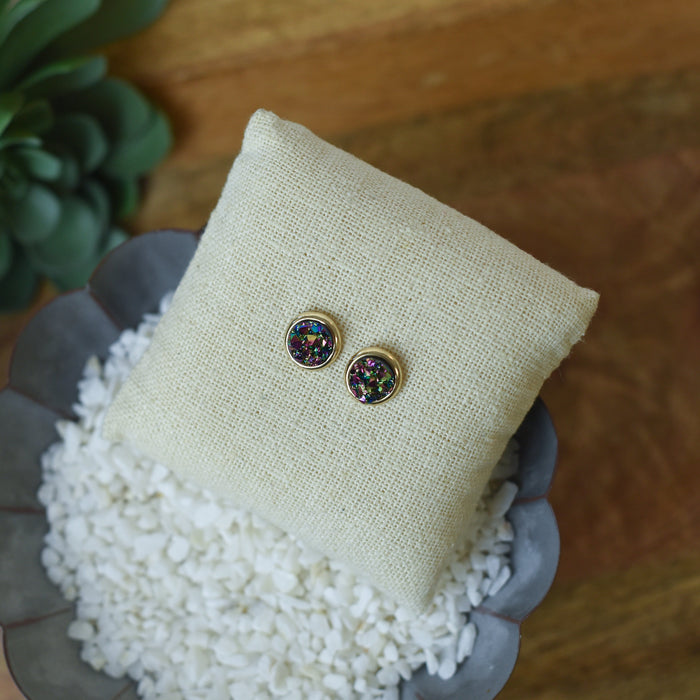 Raw Cut Shimmer Druzy Stud Earrings in Gold Settings-Peacock-Lemons and Limes Boutique