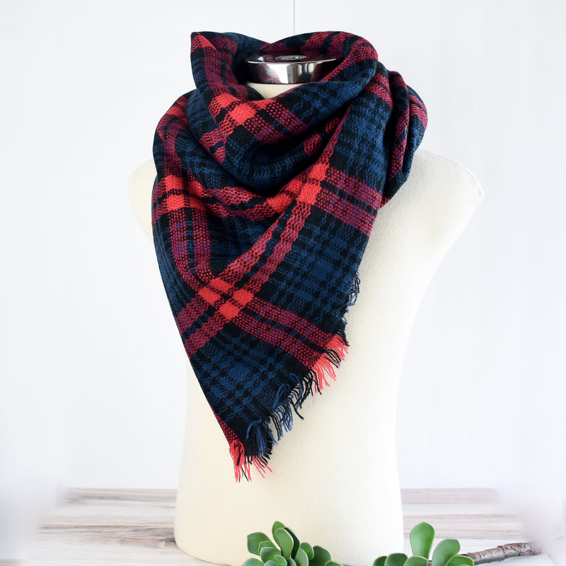 Medium Size Blanket Scarves (40 inches x 40 inches)-Scarves-Red/ Navy Plaid-Lemons and Limes Boutique