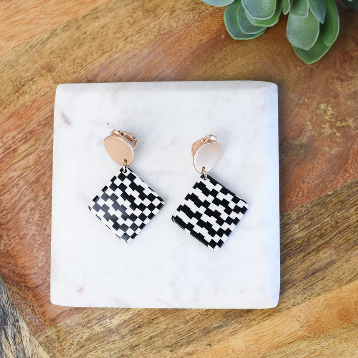 Becca Black and White Check Clip-On Dangle Earrings-Dangle Earrings-Lemons and Limes Boutique