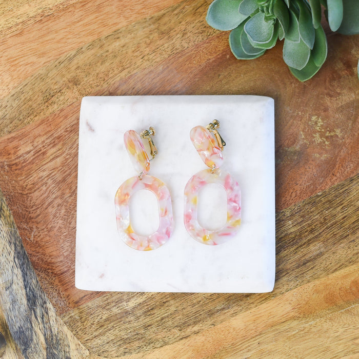 Zara Pink Marble Clip-On Dangle Earrings-Dangle Earrings-Lemons and Limes Boutique