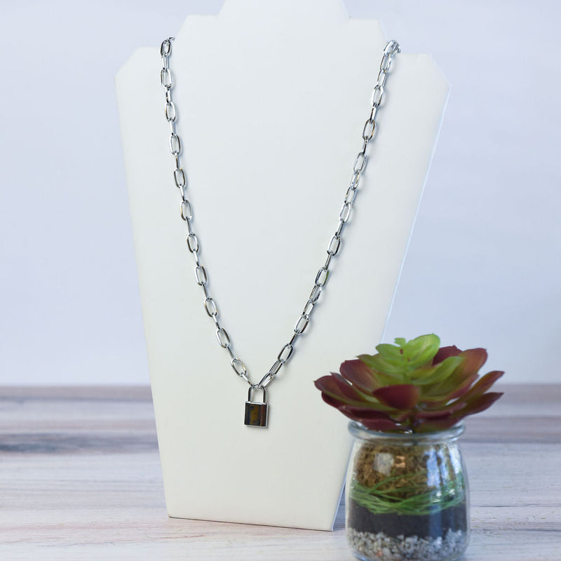 Chain Link and Lock Statement Necklace-Silver Long-Lemons and Limes Boutique