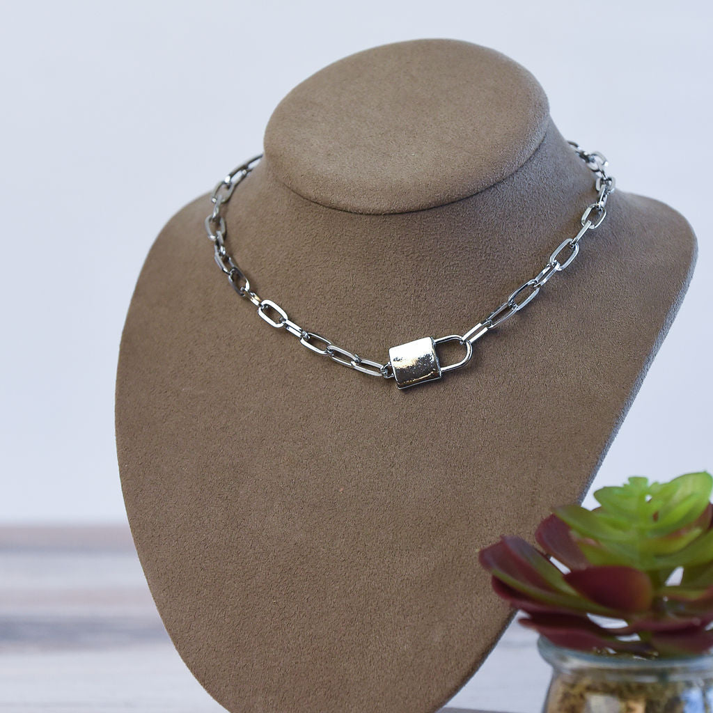 Chain Link and Lock Statement Necklace-Silver Choker-Lemons and Limes Boutique