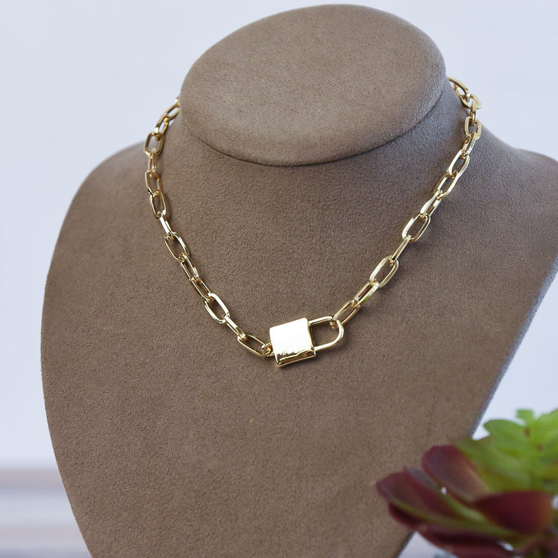 Chain Link and Lock Statement Necklace-Gold Choker-Lemons and Limes Boutique