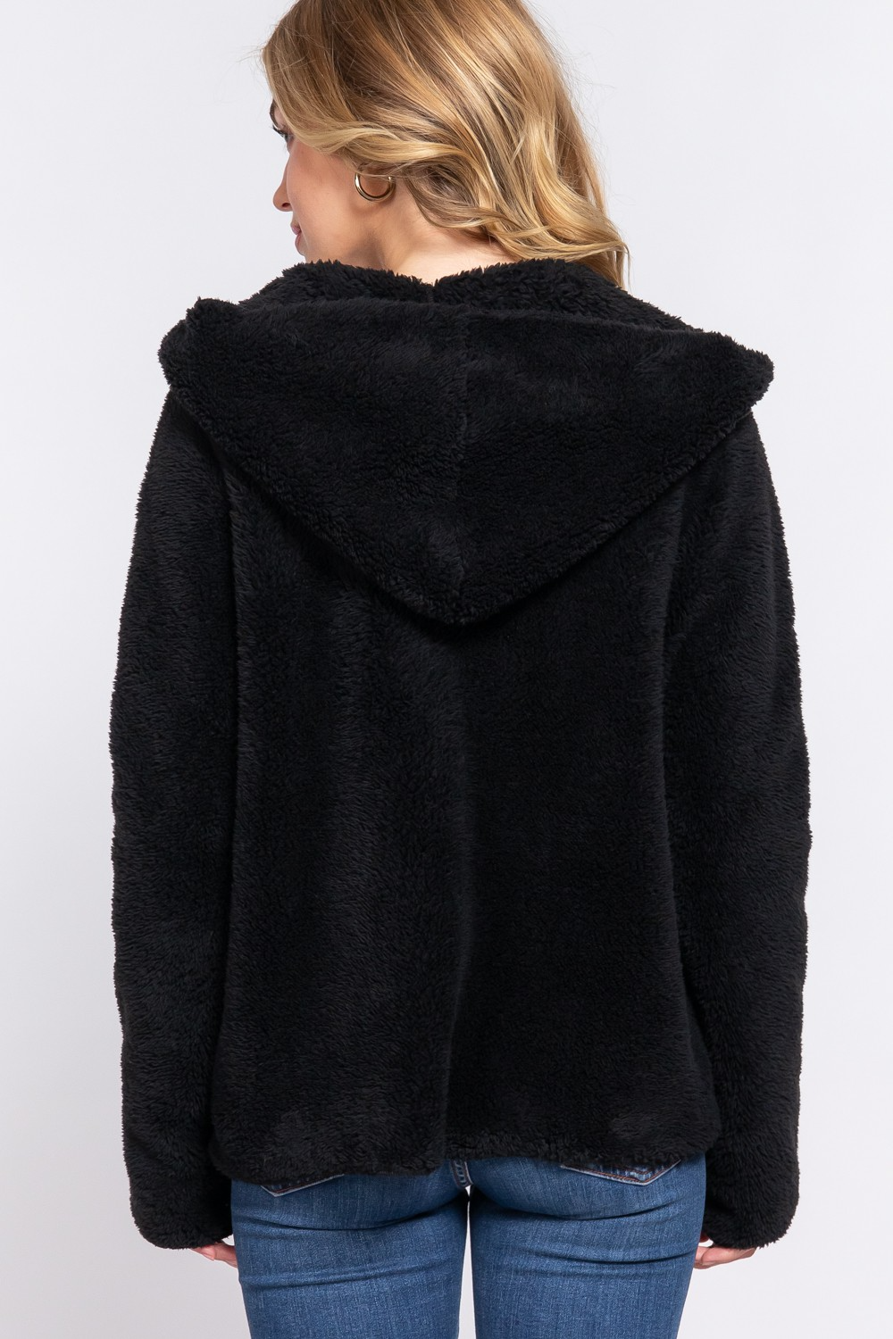 Long Dolman Sleeve Hoodie Sherpa Jacket in Black-Lemons and Limes Boutique