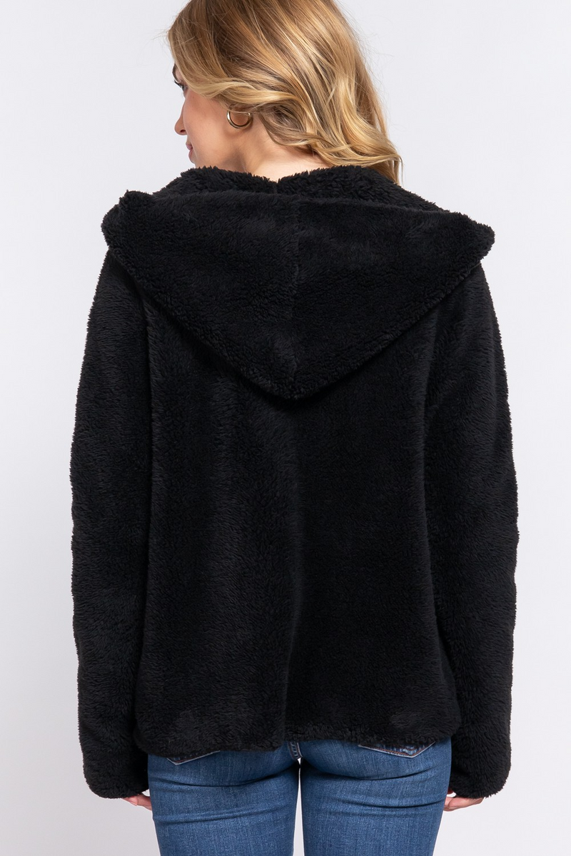 Long Dolman Sleeve Hoodie Sherpa Jacket in Black-Lemons and Limes Boutique