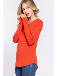 Long Sleeve V-Neck Rayon Spandex Jersey Top in Burnt Rust-Lemons and Limes Boutique