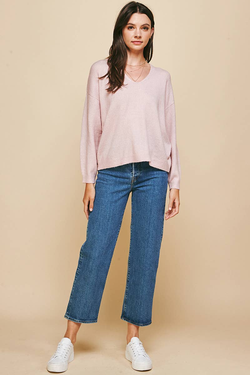 Deep Neck Long Sleeve Sweater in Pink-Lemons and Limes Boutique