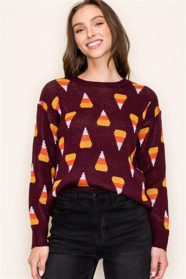 Candy Corn Pattern, Crew Neck Sweater in Dark Plum-Lemons and Limes Boutique