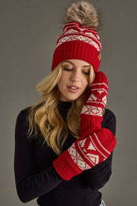 Red & Cream Patterned Pom Hat-Lemons and Limes Boutique