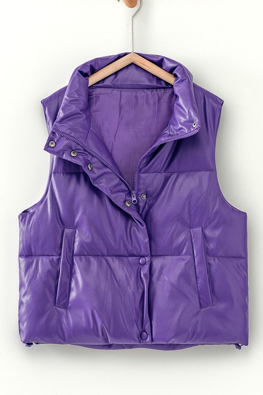 Stand Up Collar Relaxed Cropped Puffer Vest in Purple--Lemons and Limes Boutique