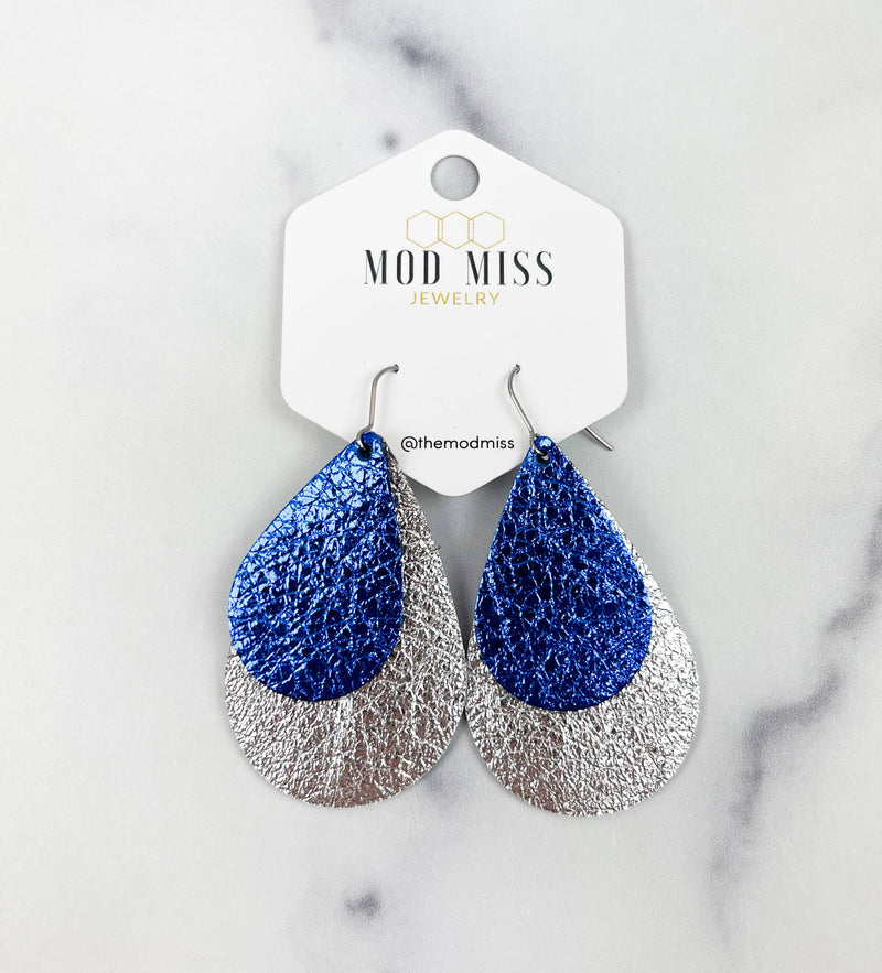 Leather Stacked Teardrop Earring in Metallic Royal Blue and Silver 2 Inch--Lemons and Limes Boutique