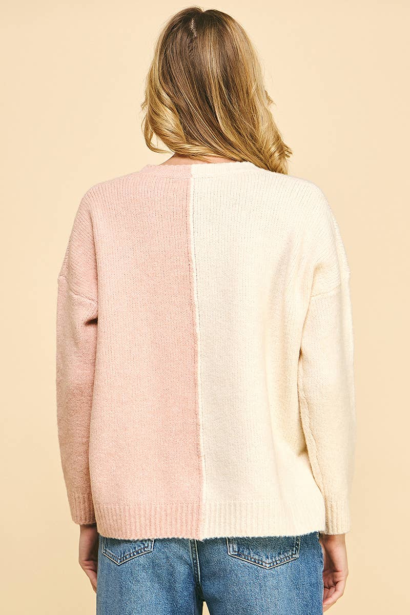 Split Colorblock Sweater in Ivory & Pink-Lemons and Limes Boutique