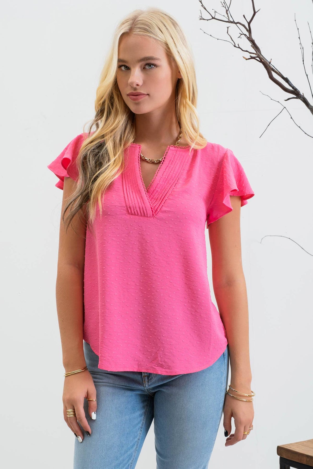 Lace Edge Split Neckline Woven Top in Fuchsia--Lemons and Limes Boutique