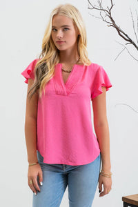 Lace Edge Split Neckline Woven Top in Fuchsia--Lemons and Limes Boutique