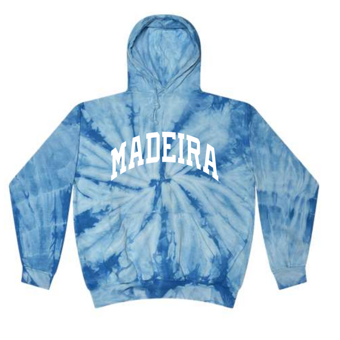 Curved White Madeira on Tie Dye Hoodie--Lemons and Limes Boutique