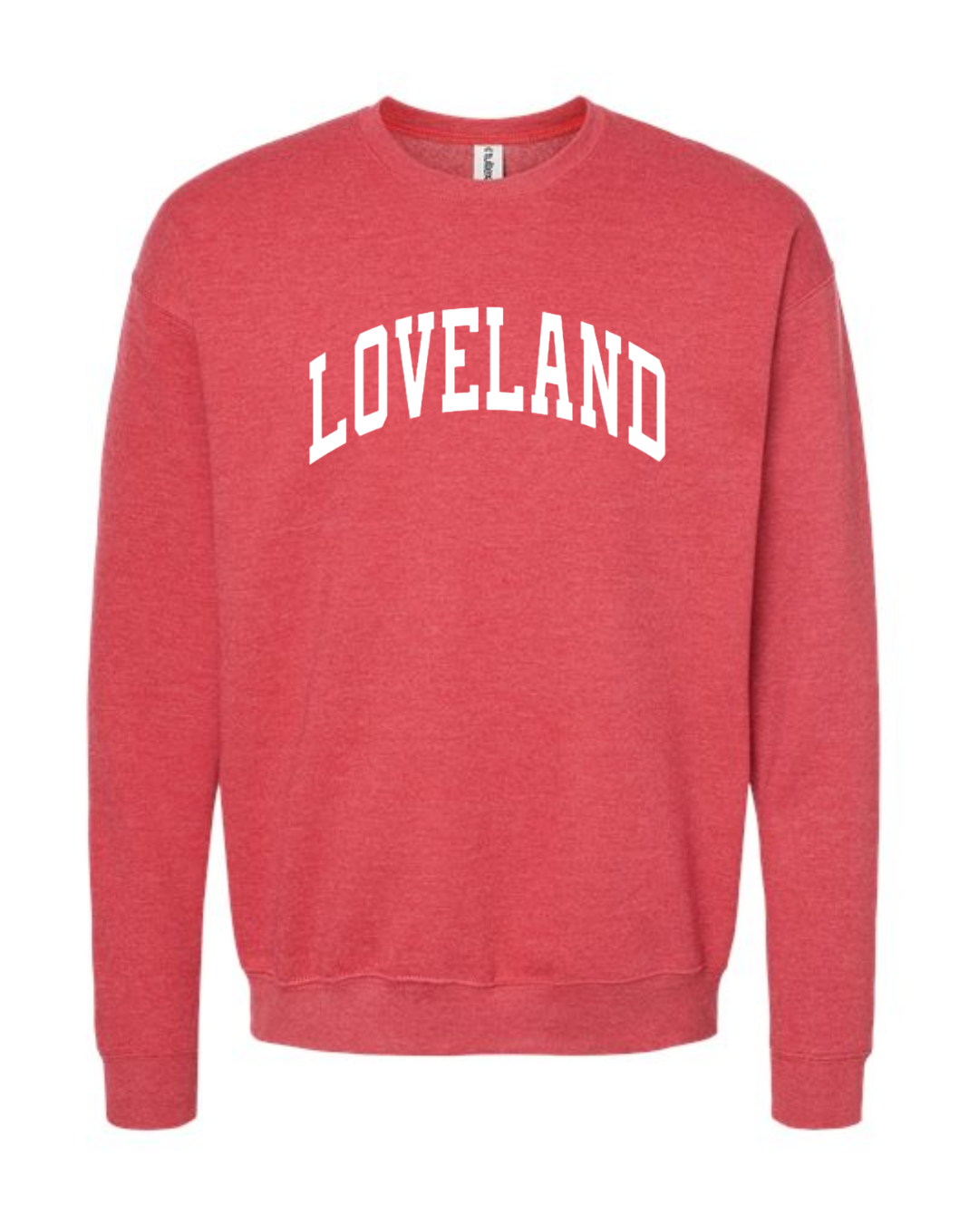 Loveland Curved White Sweatshirt on Heather Red