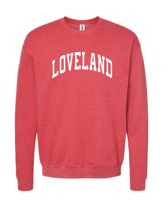 Loveland Curved White Sweatshirt on Heather Red