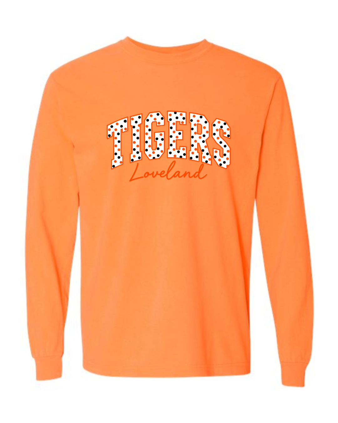 Polka Dot Tigers on Comfort Colors Melon Garment Dyed Long Sleeve Tee