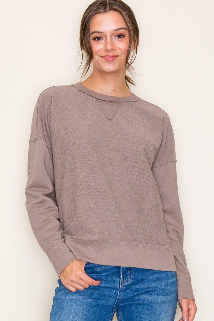 Crew Neck Solid Long Sleeve Terry Top in Otter--Lemons and Limes Boutique