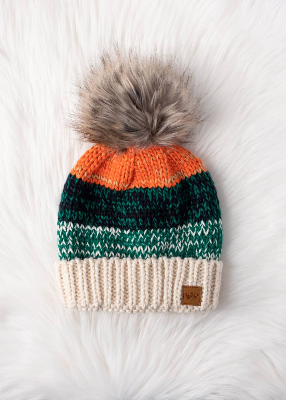 White, Green & Orange Patterned Pom Hat-Lemons and Limes Boutique