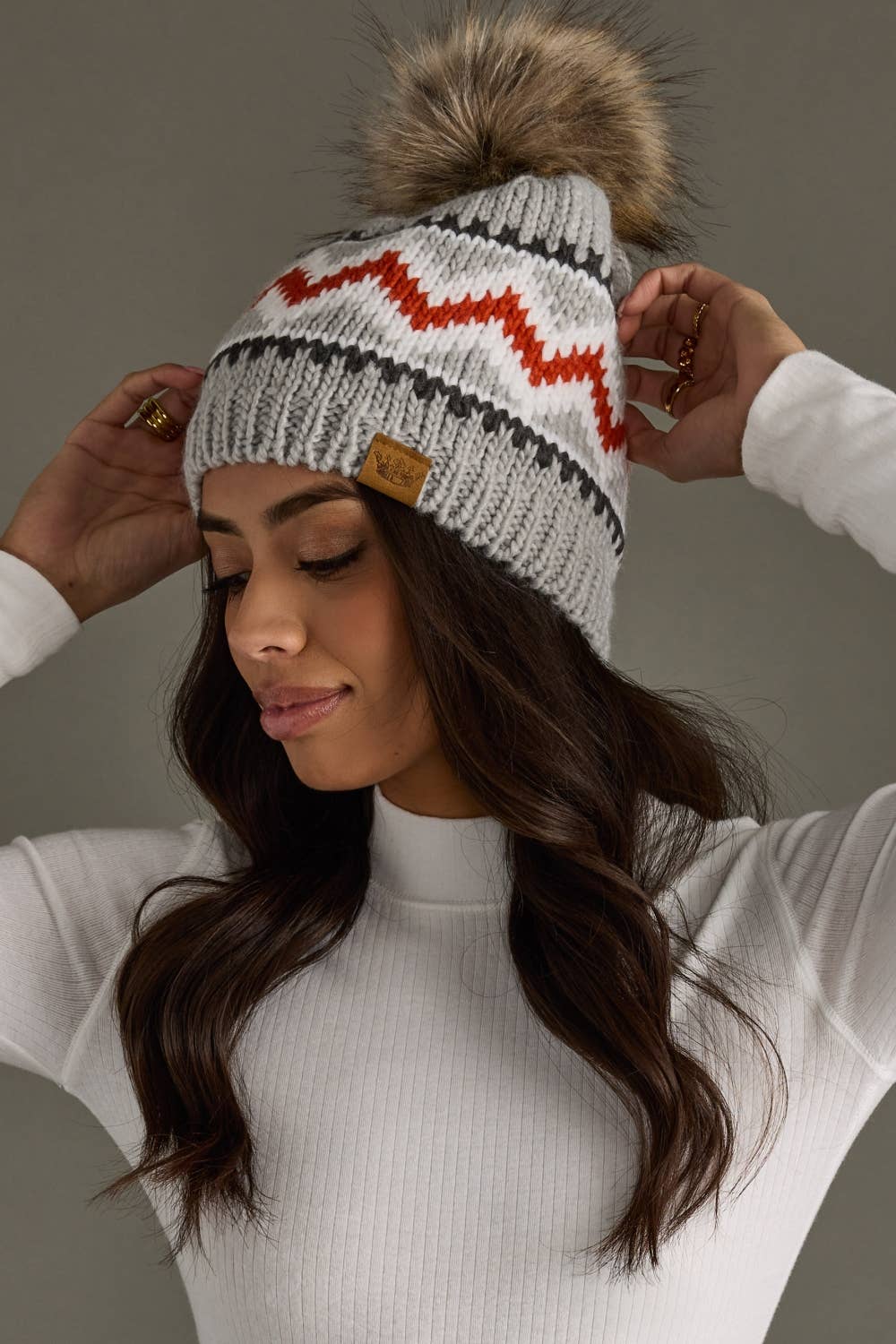 Gray, Red & White Patterned Pom Hat-Lemons and Limes Boutique