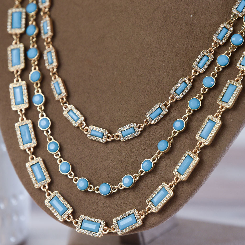 Courtney Triple Strand Jewel Statement Necklace-Blue-Lemons and Limes Boutique