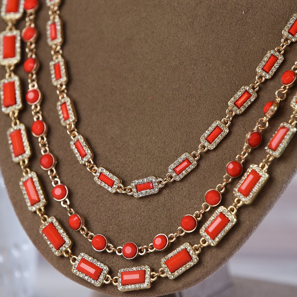 Courtney Triple Strand Jewel Statement Necklace-Tangerine-Lemons and Limes Boutique