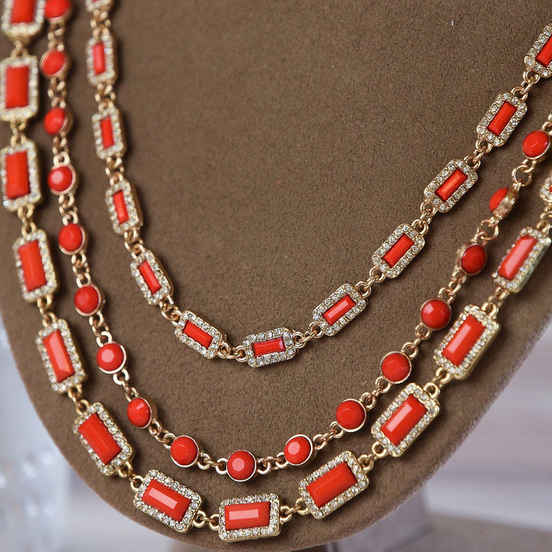 Courtney Triple Strand Jewel Statement Necklace-Tangerine-Lemons and Limes Boutique