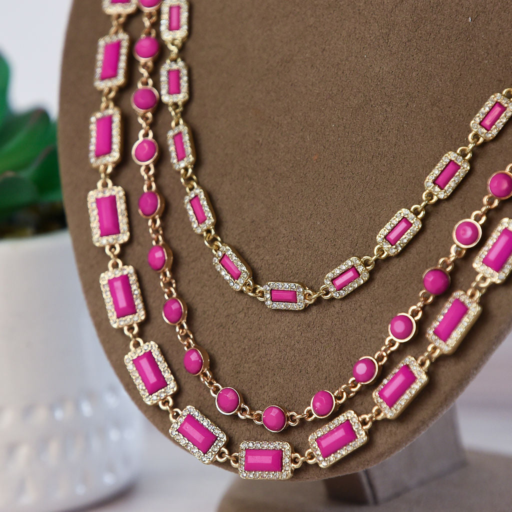 Courtney Triple Strand Jewel Statement Necklace-Hot Pink-Lemons and Limes Boutique