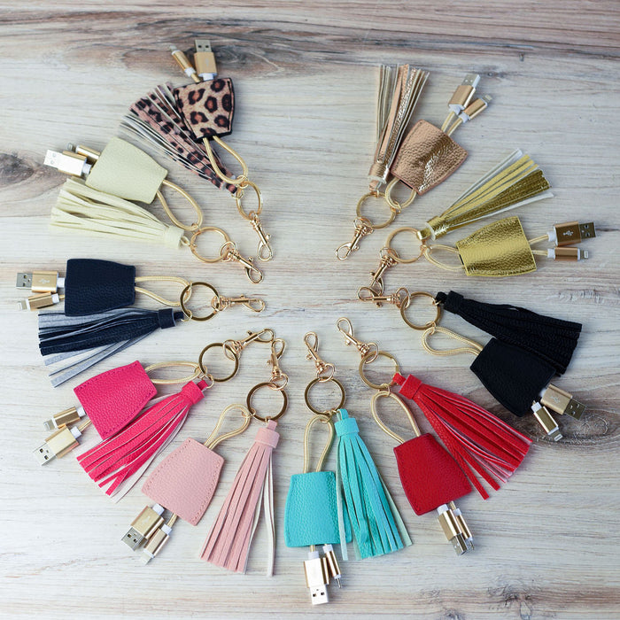 Tory Tassel Keychain with Phone Charging Cable-Ivory--Lemons and Limes Boutique