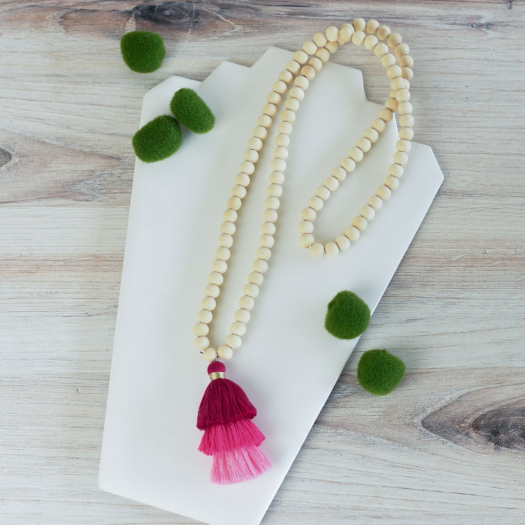 Kinsey Wood Bead and Tassel Statement Necklace-Fuschia-Lemons and Limes Boutique