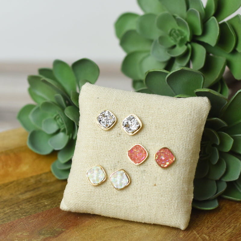 Raw Square Cut Shimmer Druzy Stud Earrings--Lemons and Limes Boutique