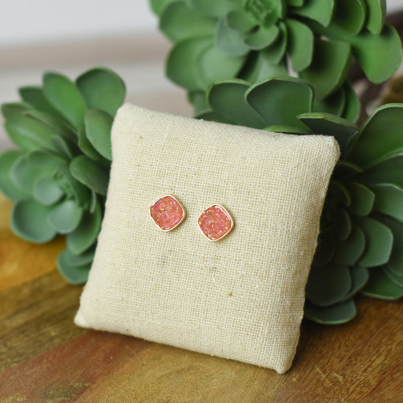 Raw Square Cut Shimmer Druzy Stud Earrings-Pink-Lemons and Limes Boutique