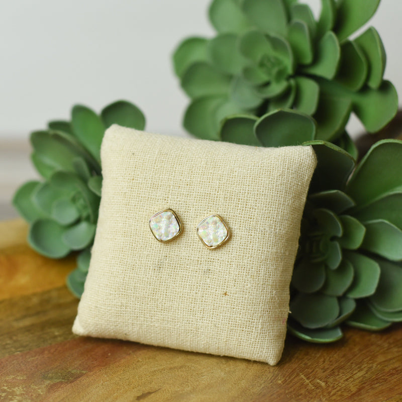 Raw Square Cut Shimmer Druzy Stud Earrings-White-Lemons and Limes Boutique