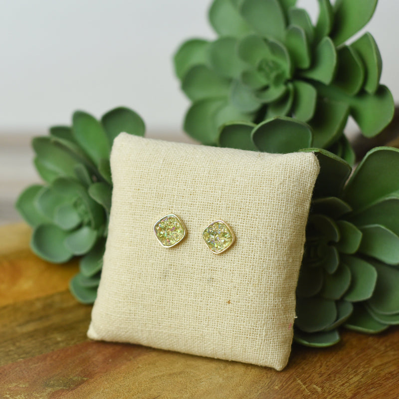 Raw Square Cut Shimmer Druzy Stud Earrings-Pale Green-Lemons and Limes Boutique