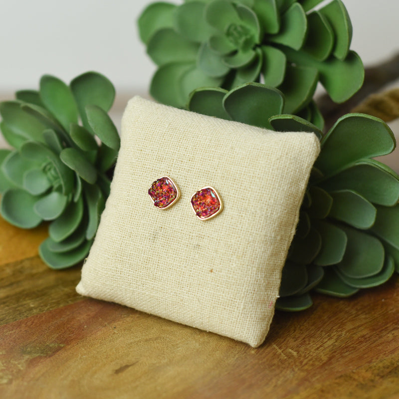 Raw Square Cut Shimmer Druzy Stud Earrings-Magenta-Lemons and Limes Boutique