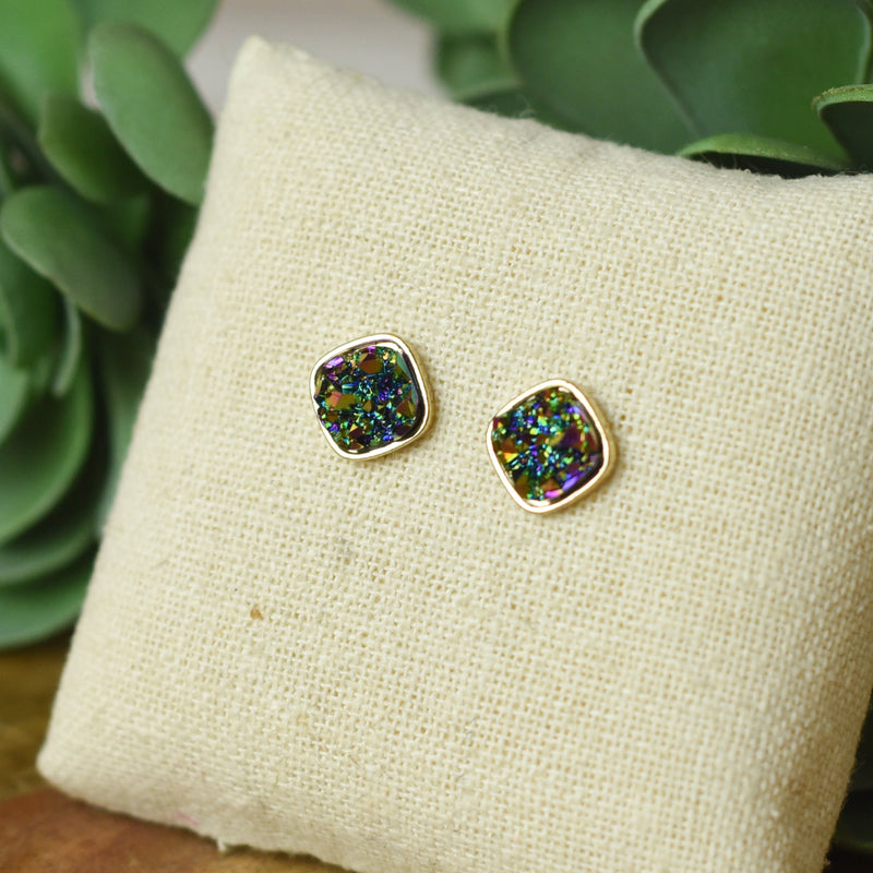 Raw Square Cut Shimmer Druzy Stud Earrings-Peacock-Lemons and Limes Boutique