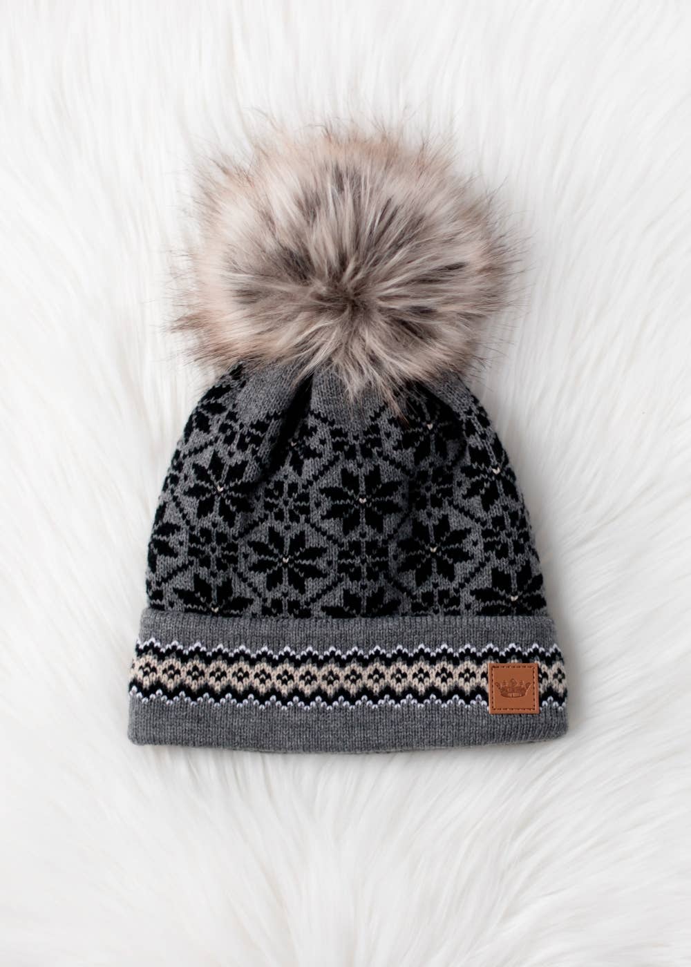 Gray, Black & Tan Patterned Pom Hat-Lemons and Limes Boutique