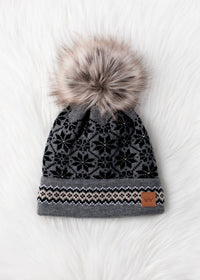 Gray, Black & Tan Patterned Pom Hat-Lemons and Limes Boutique
