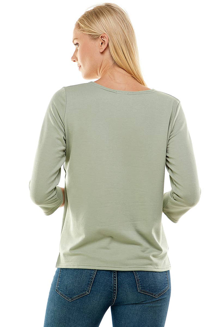 Women's 3/4 Sleeve Side Slit French Terry Top in Sage Green--Lemons and Limes Boutique