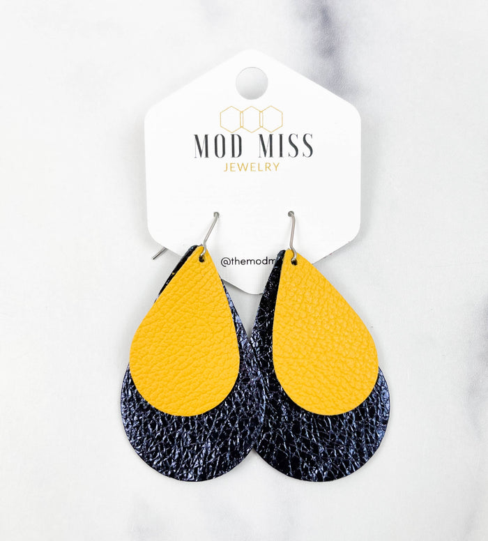 Leather Stacked Teardrop Earring in Yellow and Metallic Navy 2 Inch-Lemons and Limes Boutique