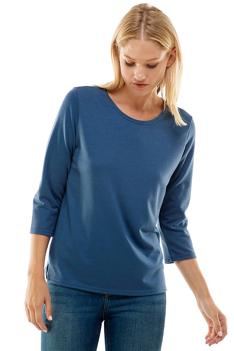 Women's 3/4 Sleeve Side Slit Frency Terry Top in Heather Blue--Lemons and Limes Boutique