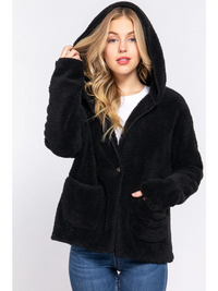 Long Dolman Sleeve Hoodie Sherpa Jacket in Black-Lemons and Limes Boutique