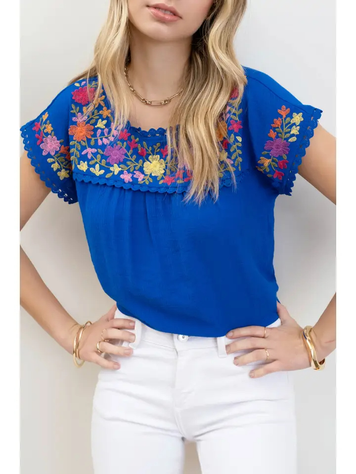 Floral Embroidery Scallop Lace Trim Blouse in Royal Blue--Lemons and Limes Boutique