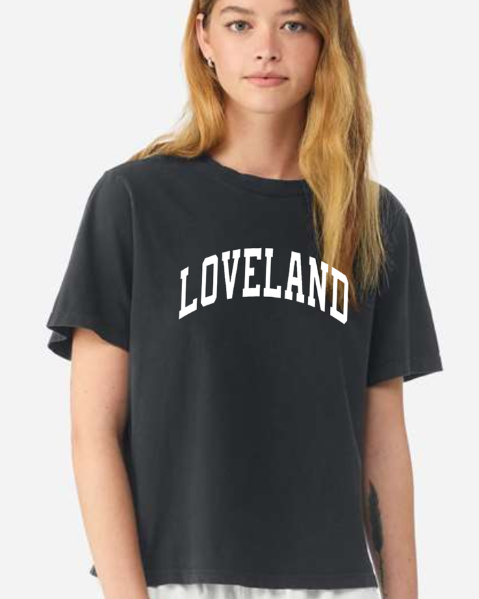 Curved Loveland on Garment Dyed T-Shirt in Washed Black