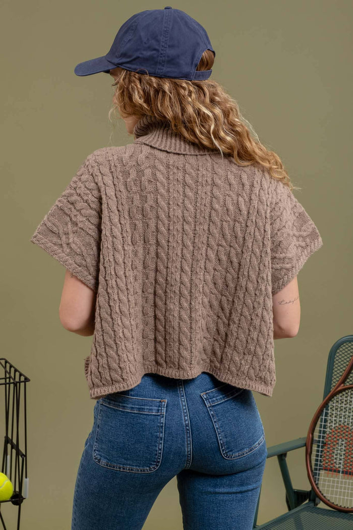 Cableknit Short Sleeve Turtleneck Sweater in Mocha--Lemons and Limes Boutique