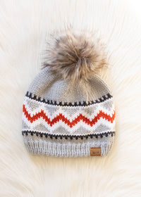 Gray, Red & White Patterned Pom Hat-Lemons and Limes Boutique