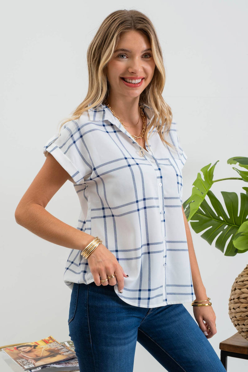 Plaid Short Sleeve Button Down Shirt in Blue-Lemons and Limes Boutique