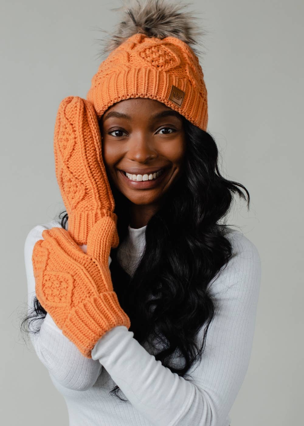 Light Orange Cable Knit Pom Hat-Lemons and Limes Boutique