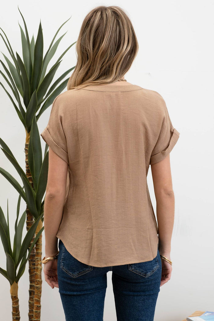 Split Neck Short Cuff Sleeve Top in Khaki-Lemons and Limes Boutique